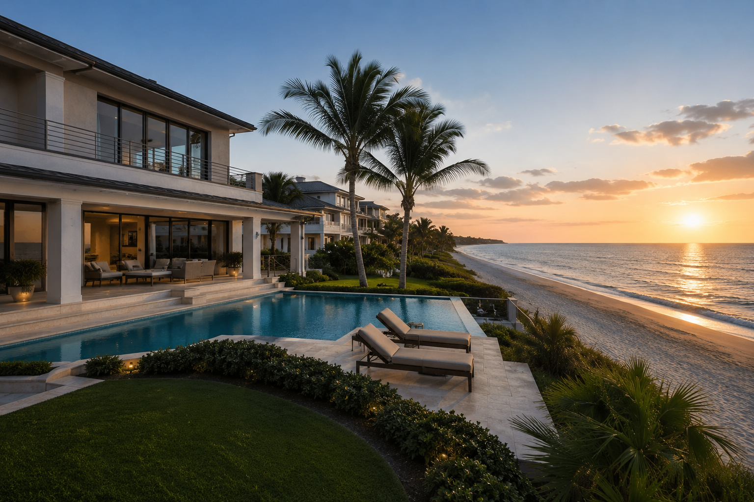 Luxury waterfront property at golden hour