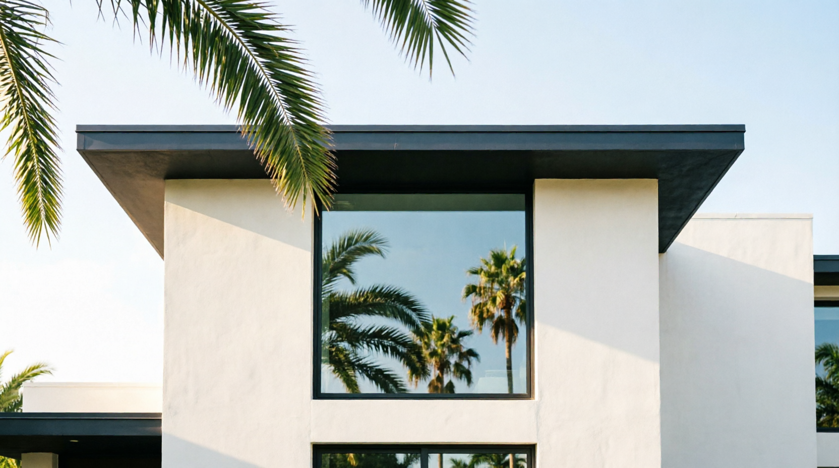 Modern white architectural residence with palm fronds, Southwest Florida