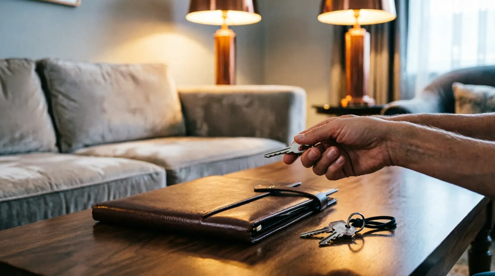 Keys held out over a leather document portfolio in a warm evening interior — the quiet final moment of the sale