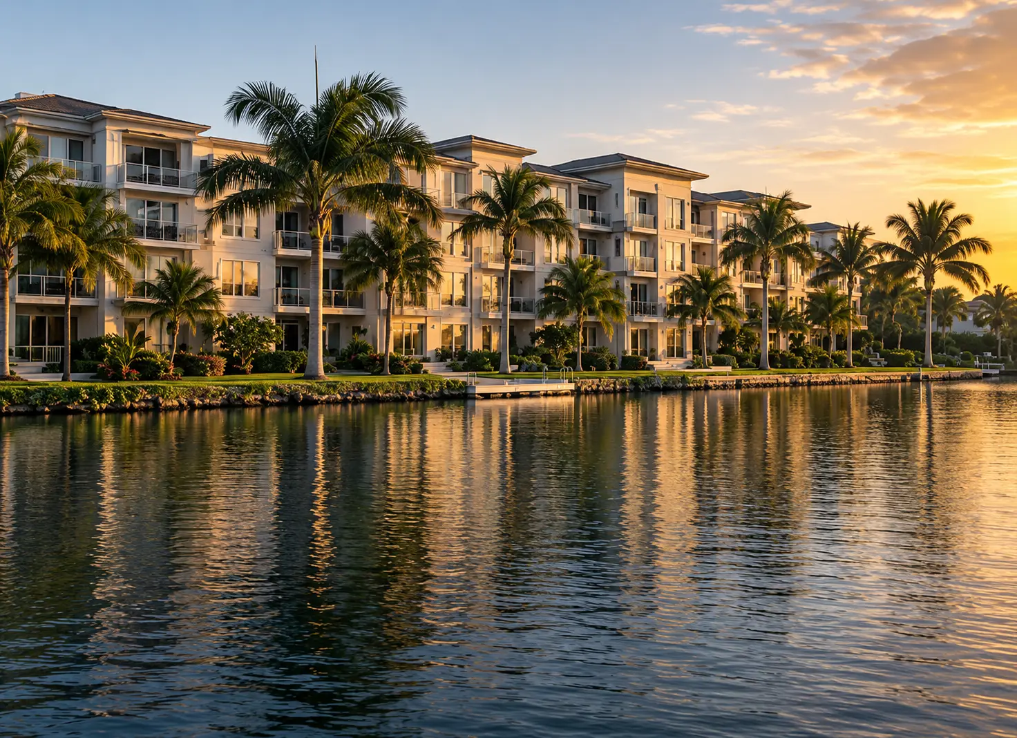 Waterfront condominium community with palm trees reflected in a calm canal at golden hour