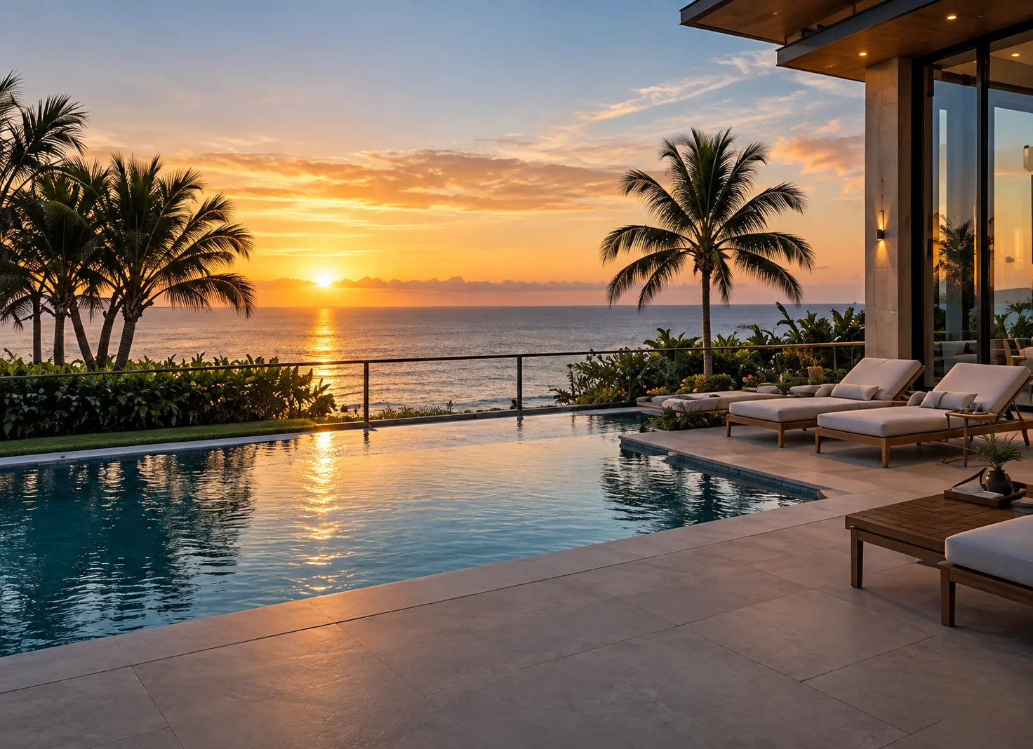 Vacation rental terrace at sunset with infinity pool and lounge chairs overlooking the gulf