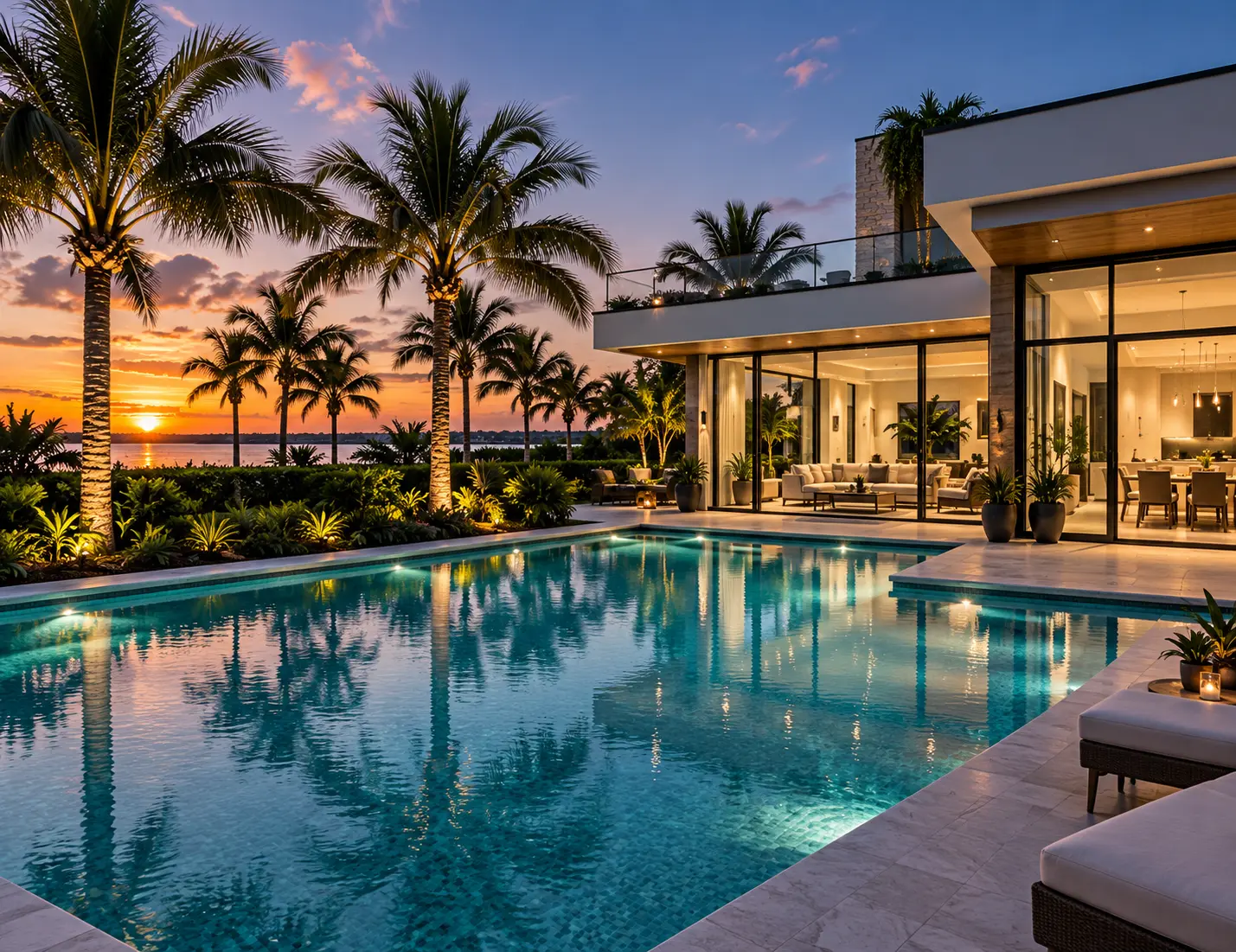 High-end modern residence at twilight with glowing glass walls and a reflecting pool