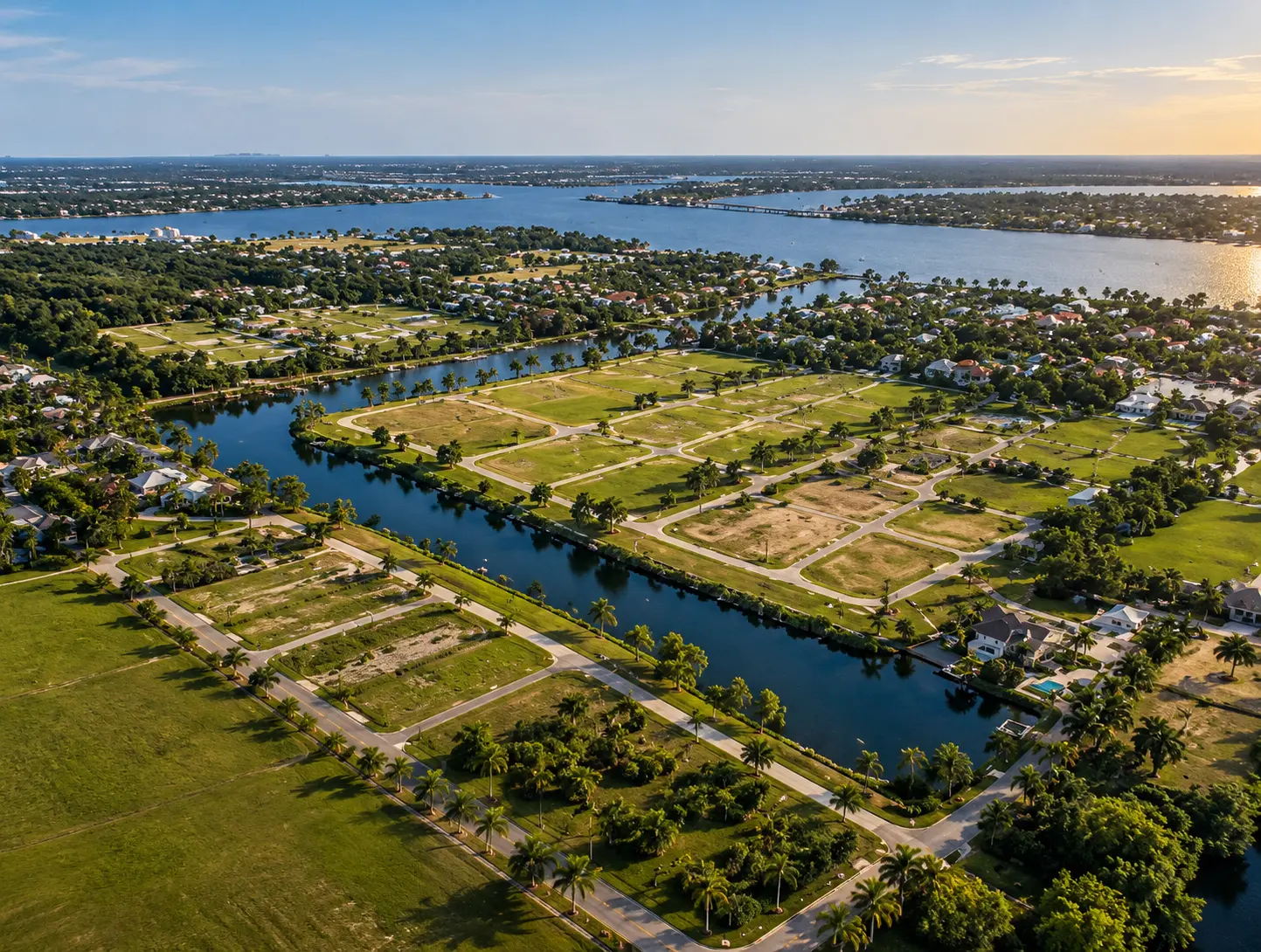 Aerial view of a Southwest Florida land development with canals and platted lots