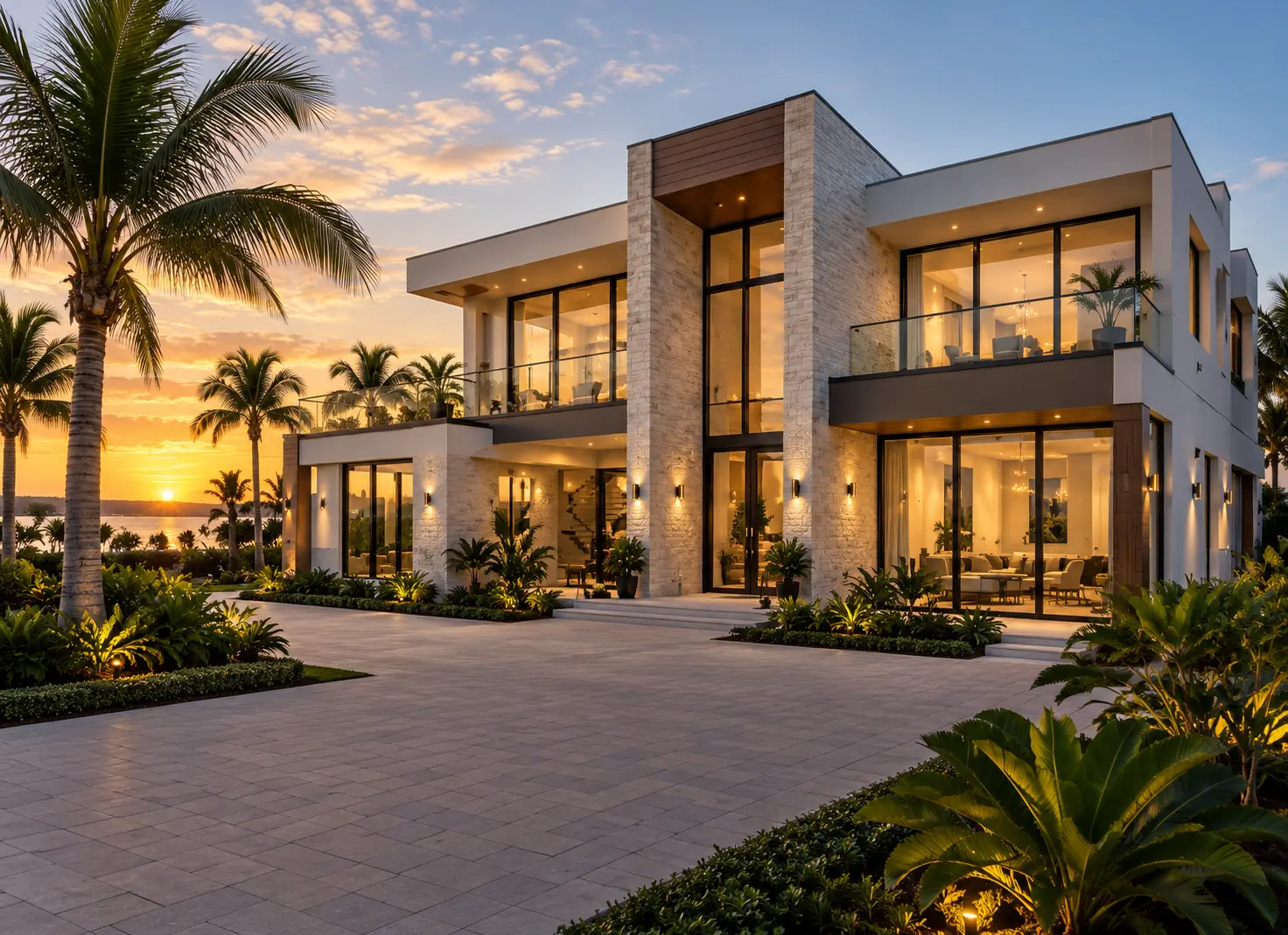 Contemporary new-build residence with glass and wood facade at dusk in an emerging community