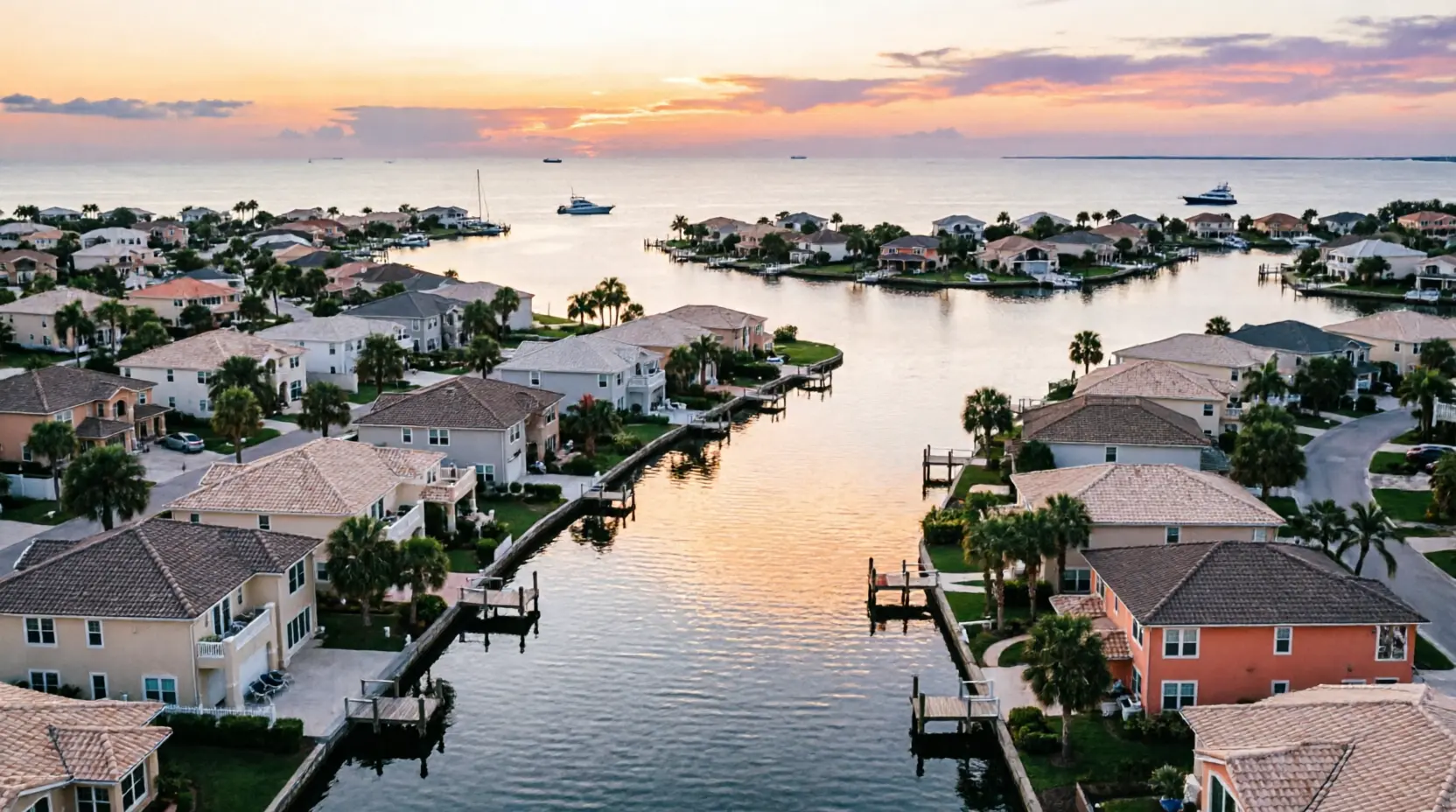 Aerial view of an established Southwest Florida waterfront community at sunset