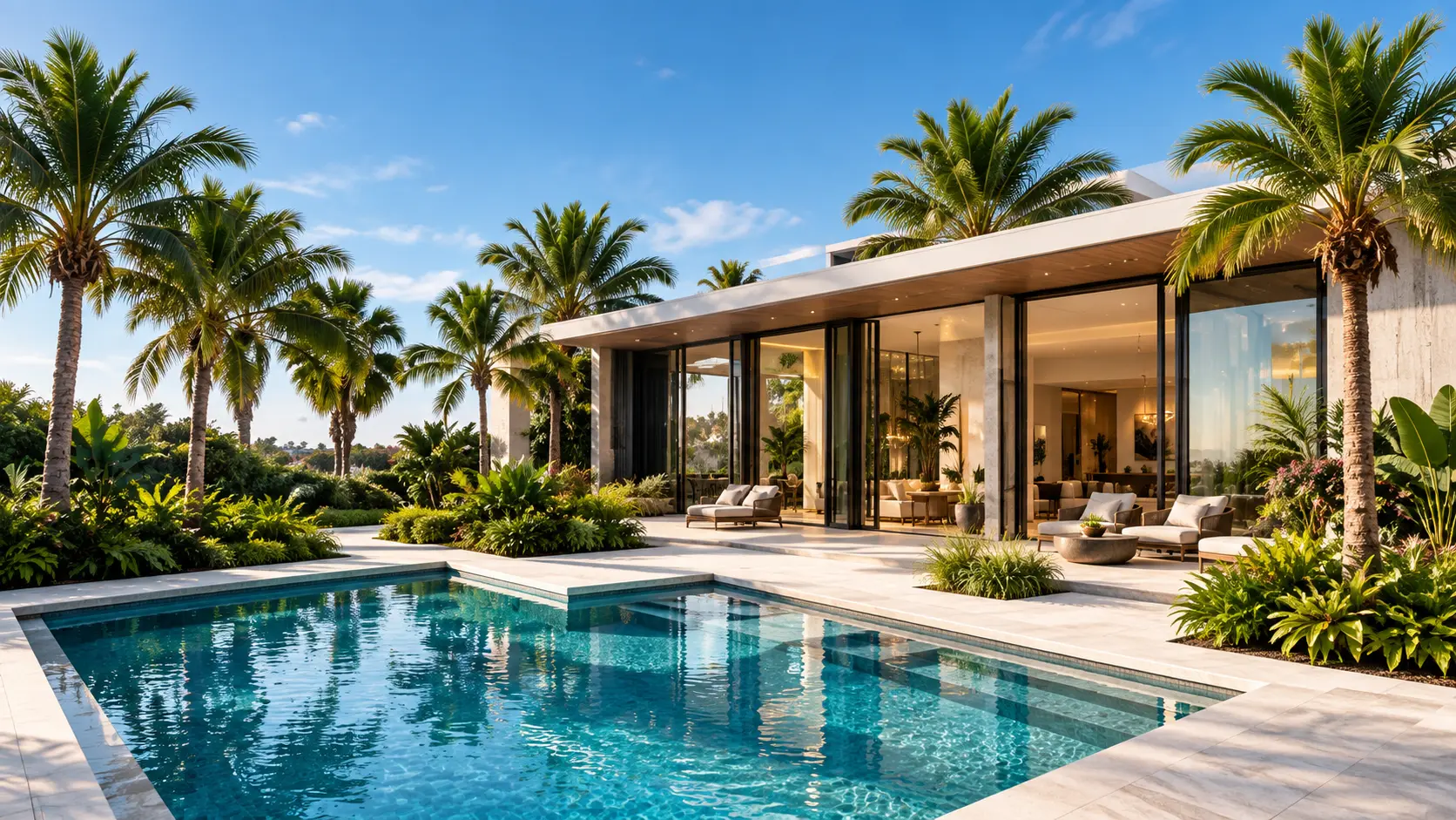 A modern residence with pool and palms