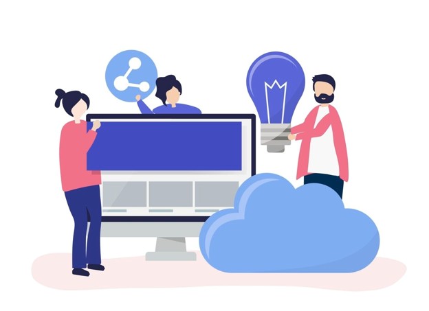 Graphic of three people brainstorming