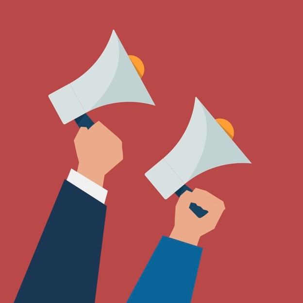 Graphic of hands holding megaphones