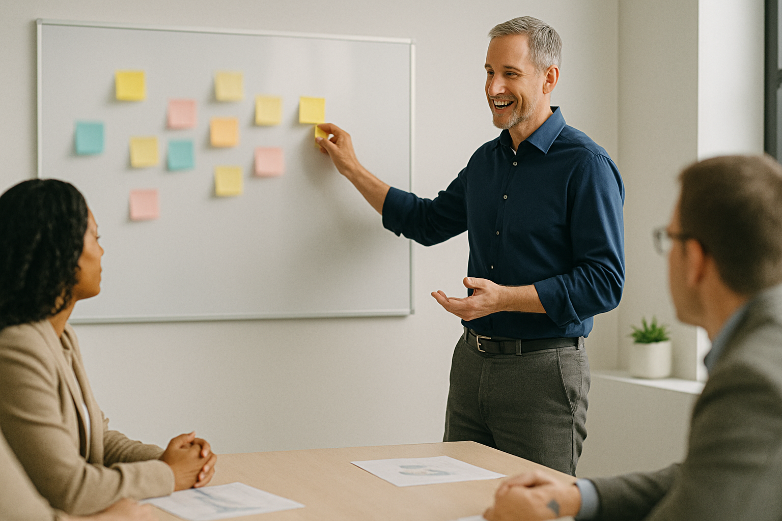 A widescreen image of a facilitator leading a small group workshop in a modern meeting room. The leader is actively engaging participants using sticky notes and a whiteboard with blurred details. Emphasis on interaction, alignment, and team-based decision making. Soft lighting and clean workspace.