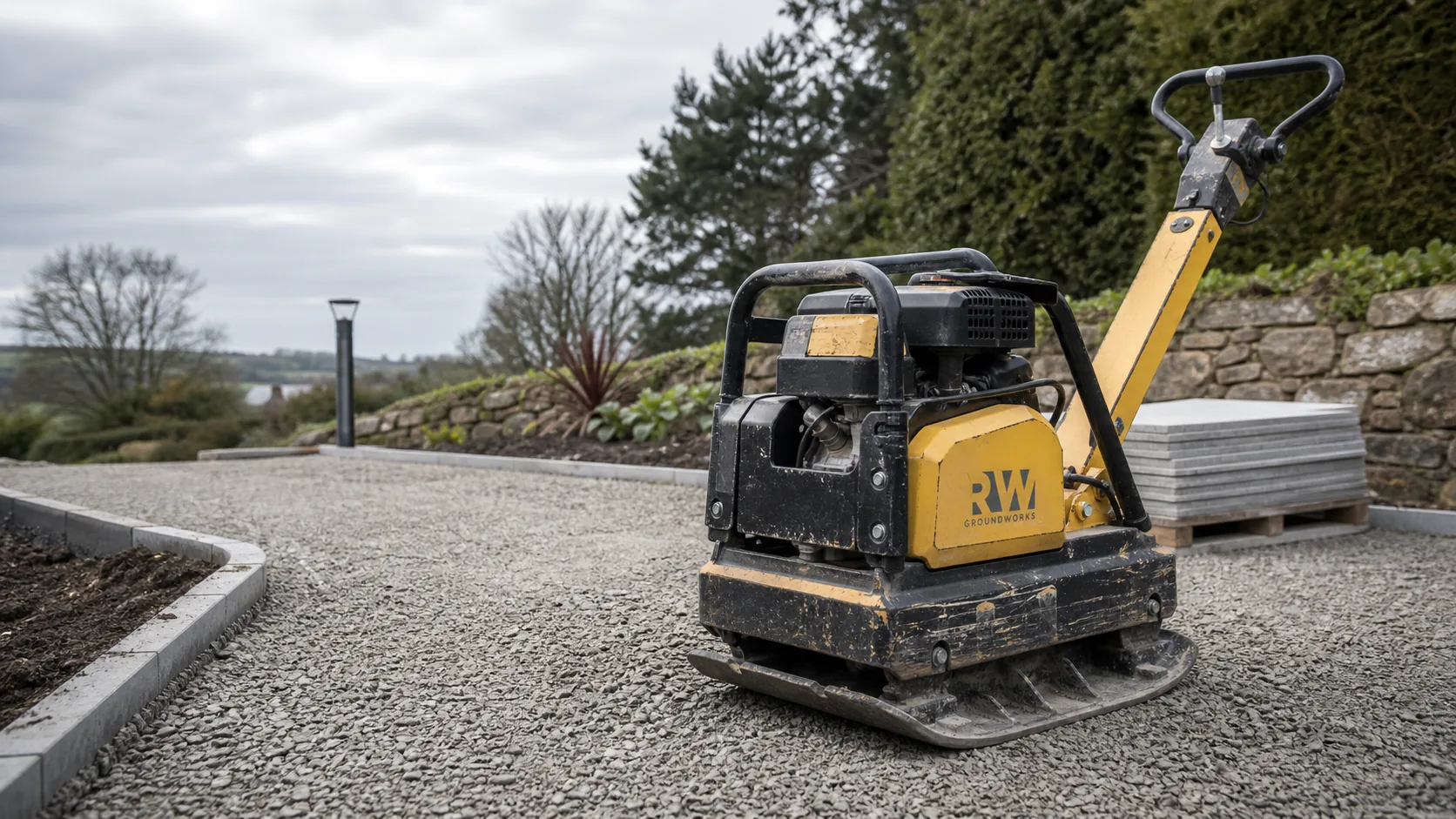 Forward reverse plate compactor hire — patio driveway and block paving compaction in Cornwall