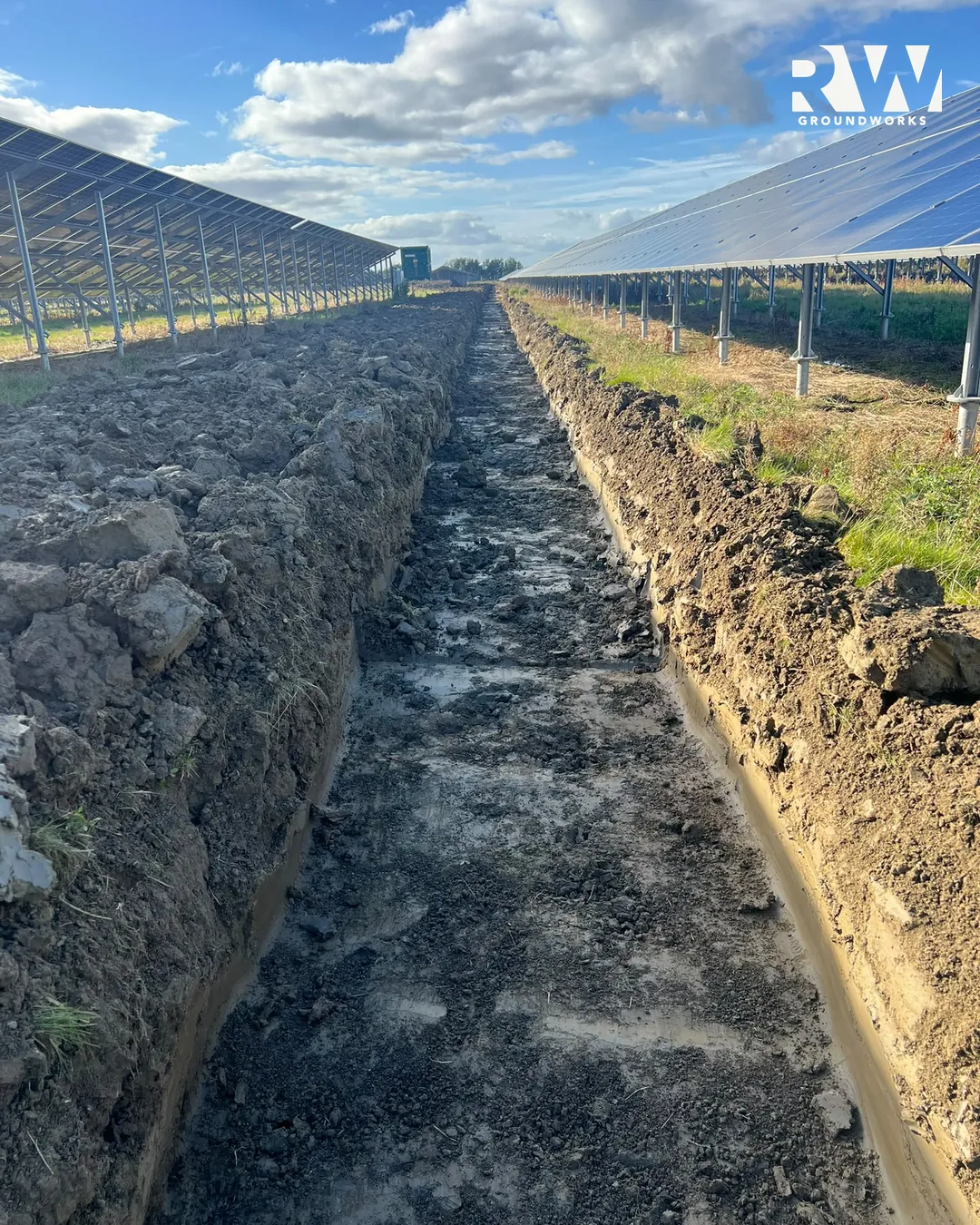 Drainage trench running between the solar panel rows at the X2 solar farms, Perth