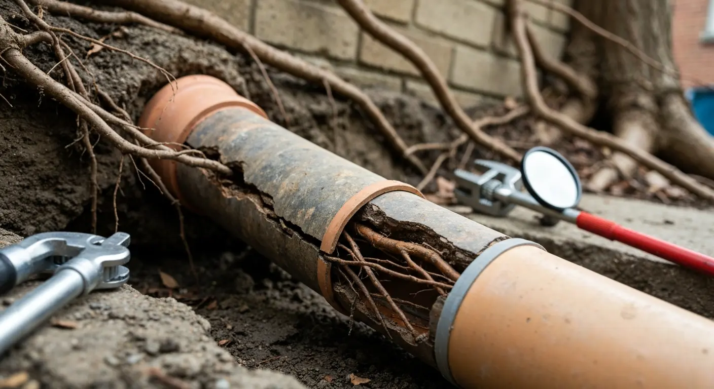 Tree root intrusion in sewer line