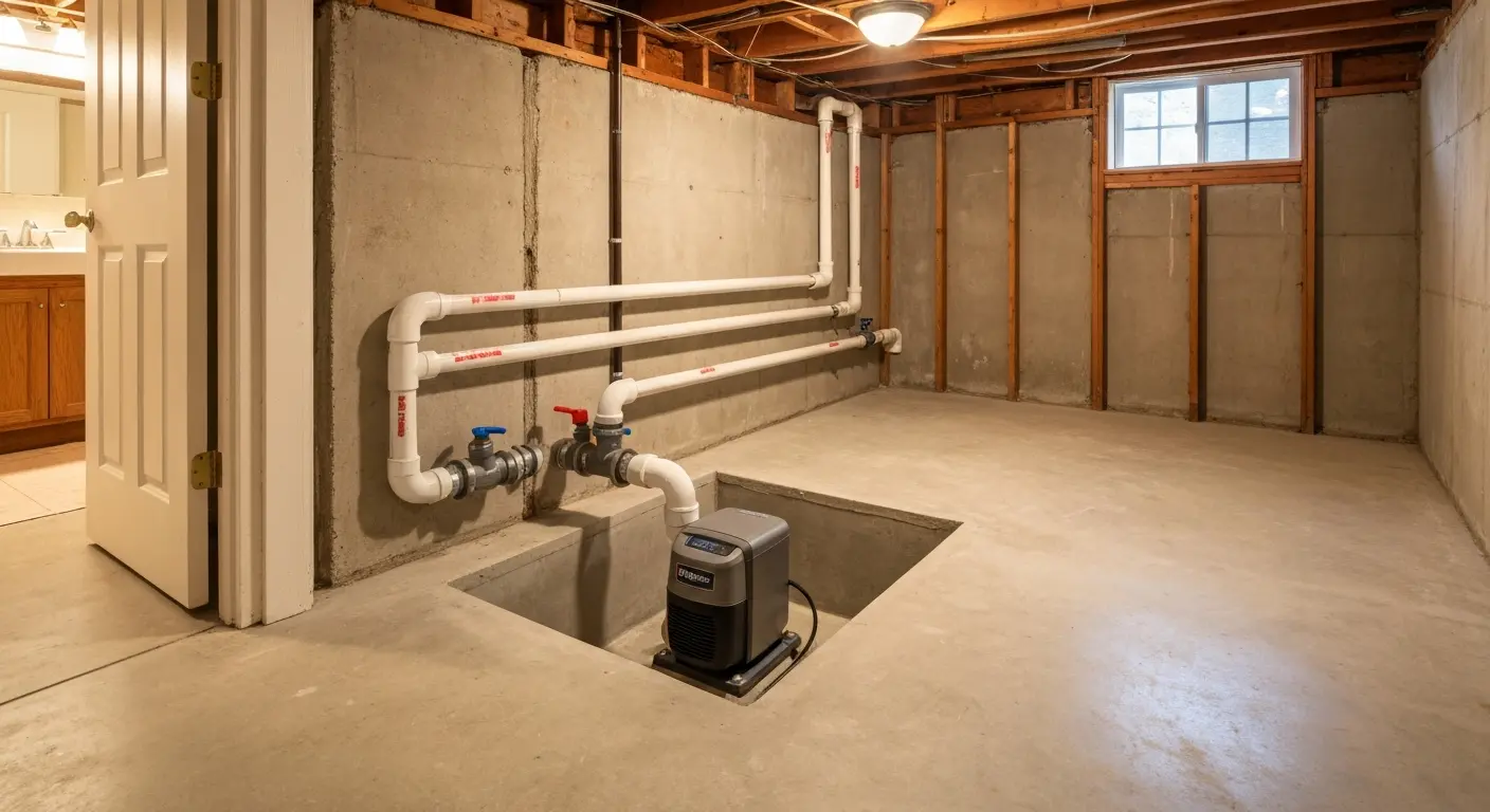 Ejector pump system in basement