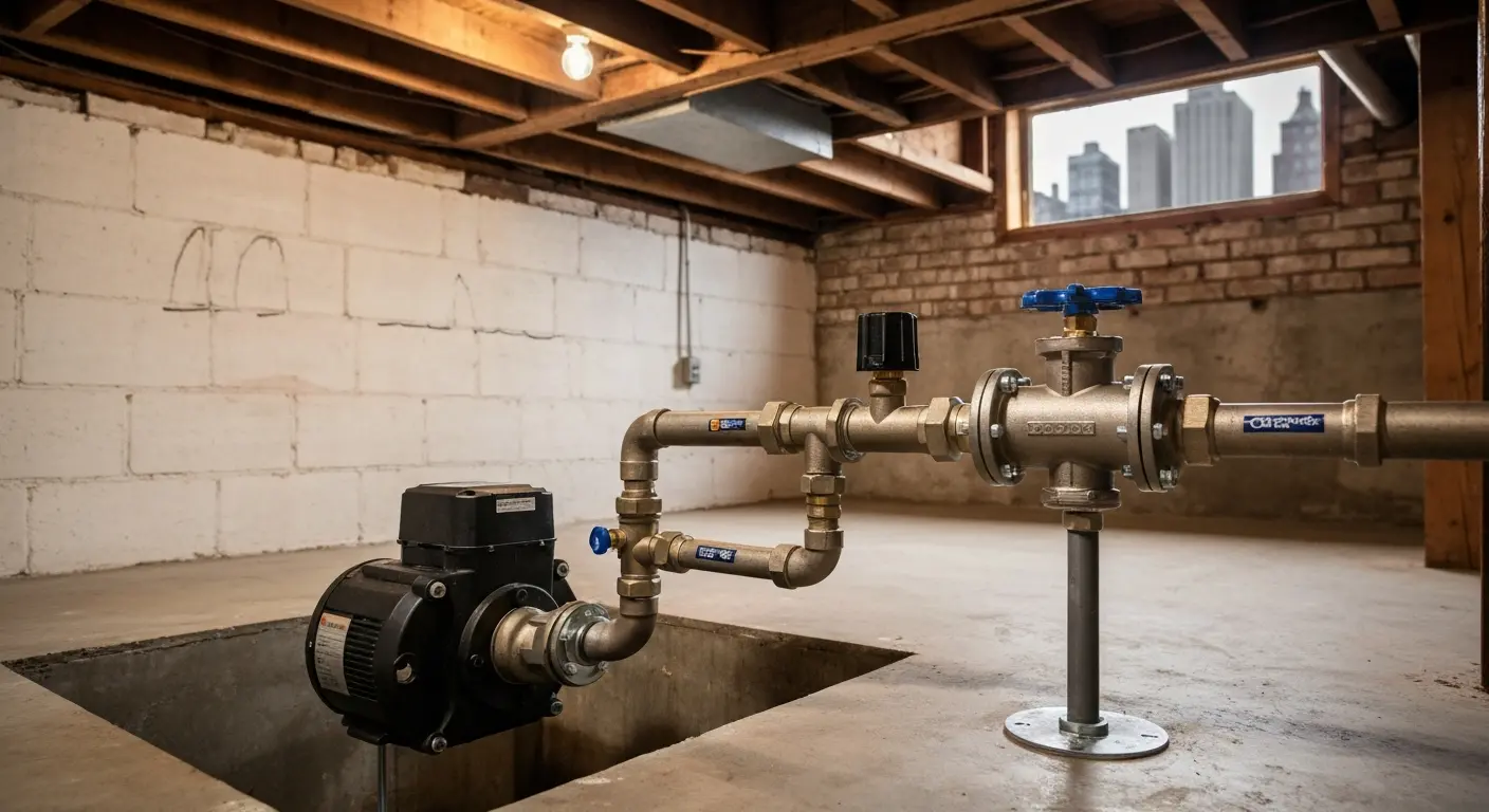 Backwater valve and ejector pump installation