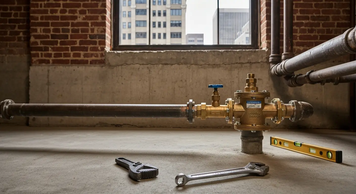 Backwater valve installation work in downtown unit
