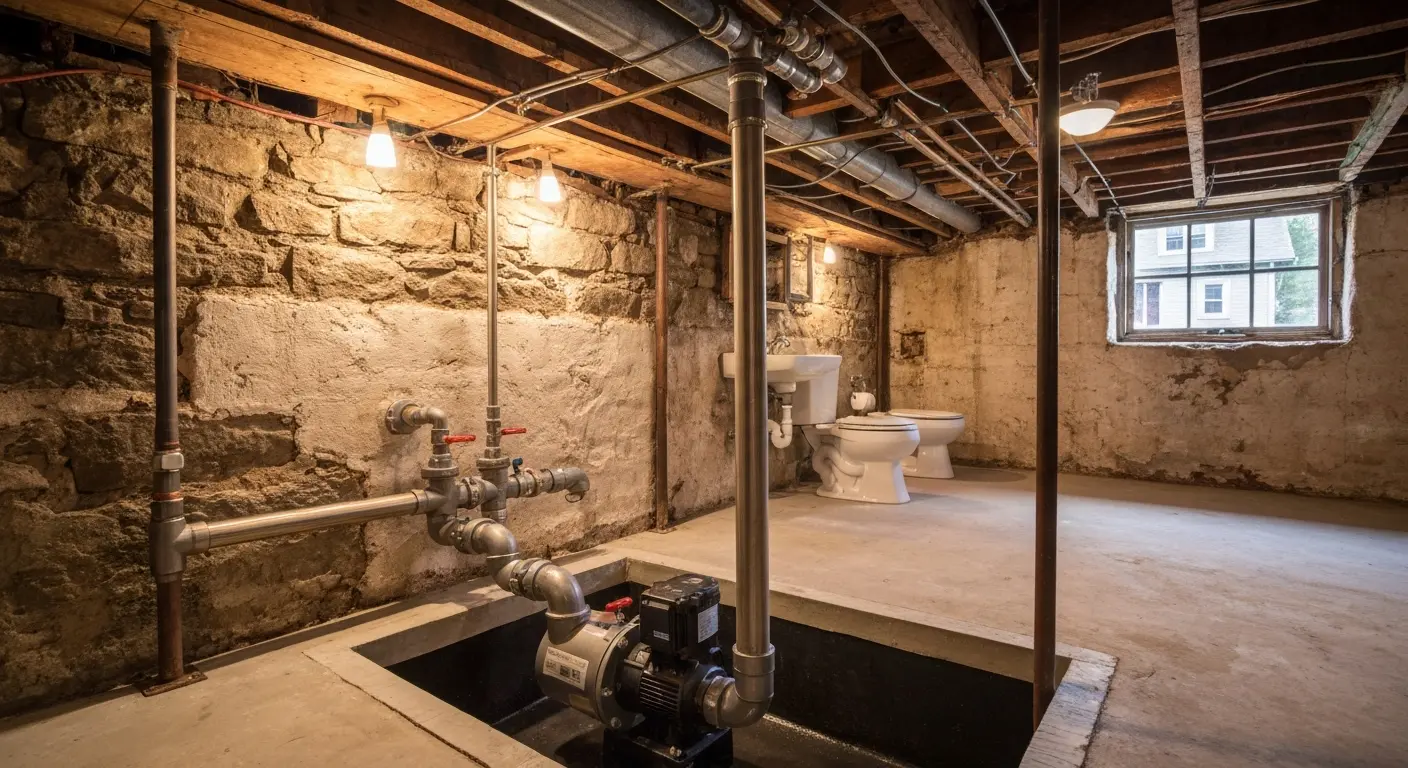 Ejector pump installation for basement plumbing