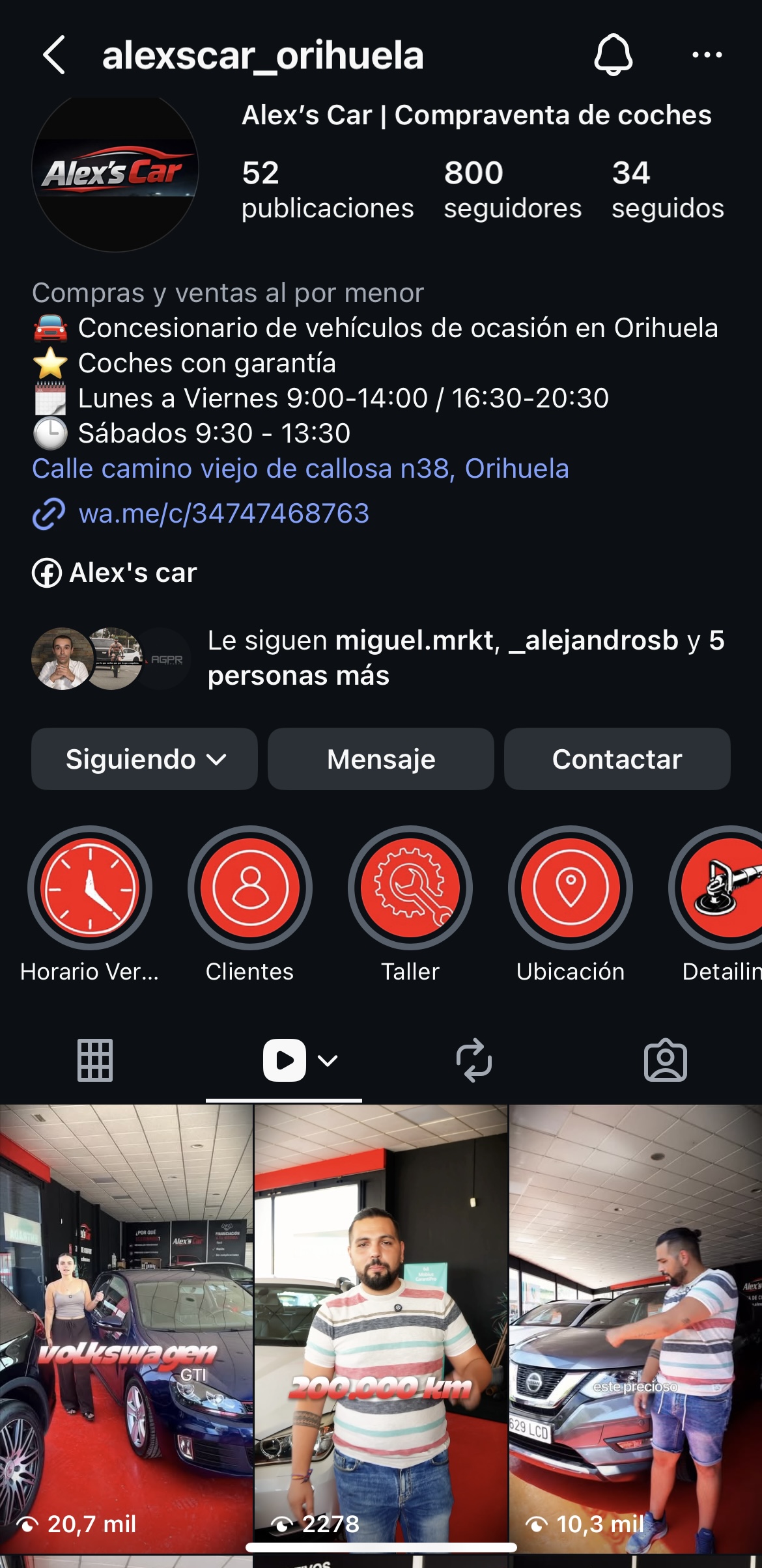 Perfil de Instagram de Alex's Car