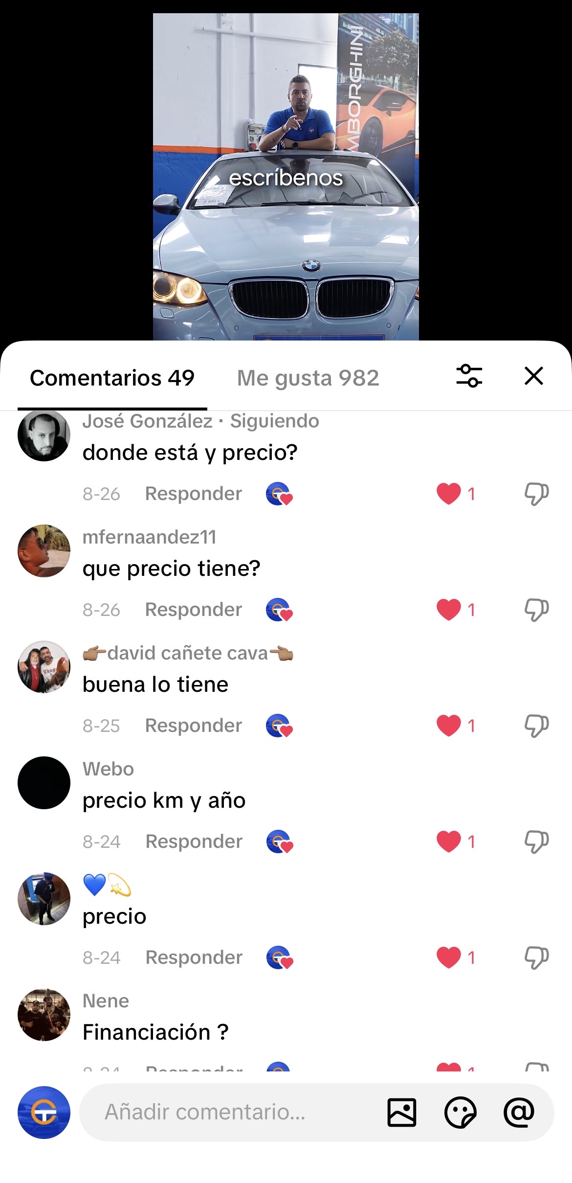 Comentarios de gente preguntando por los coches en TikTok