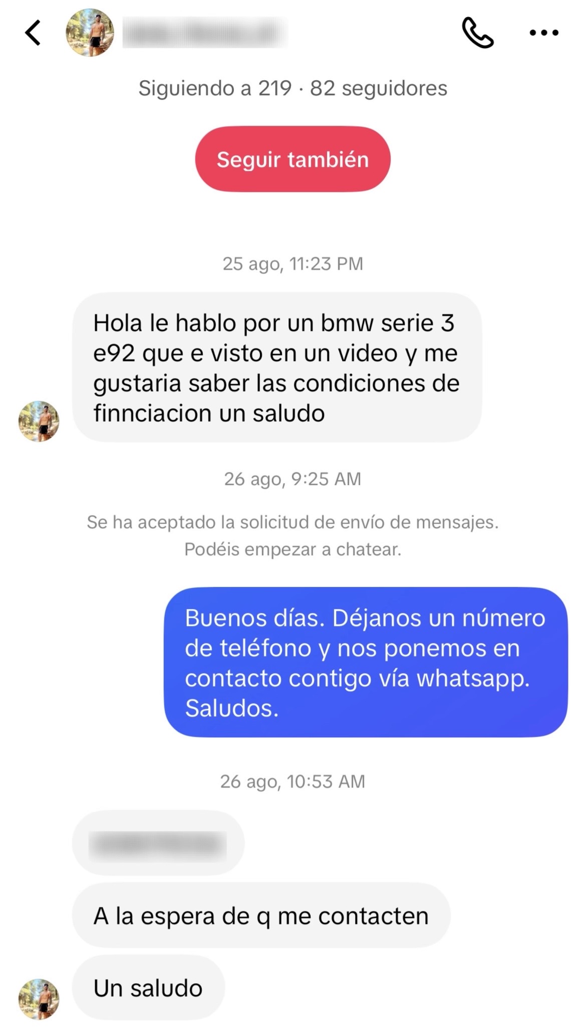 Mensaje privado de un cliente interesado en un coche