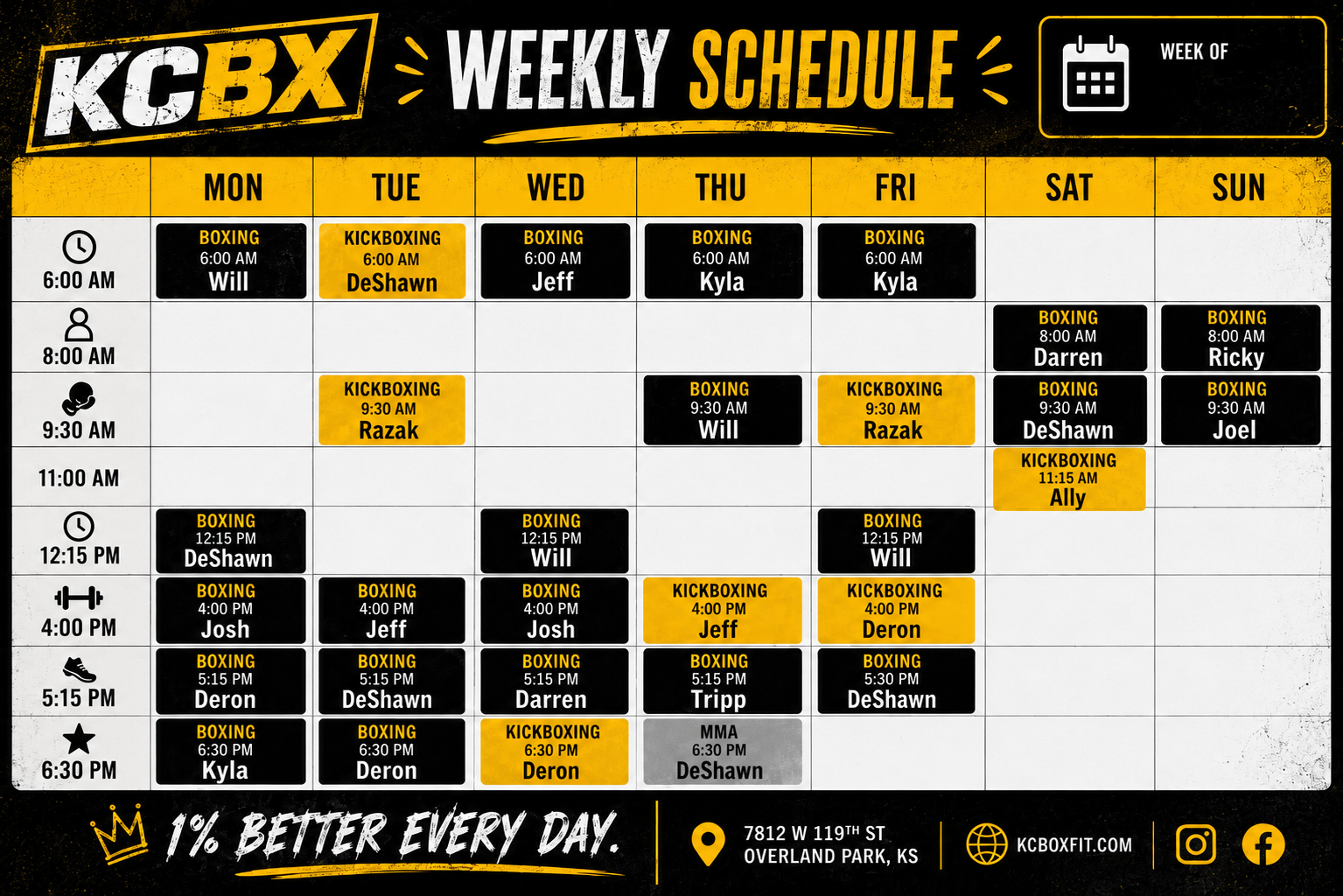 KC Boxing and Fitness weekly class schedule