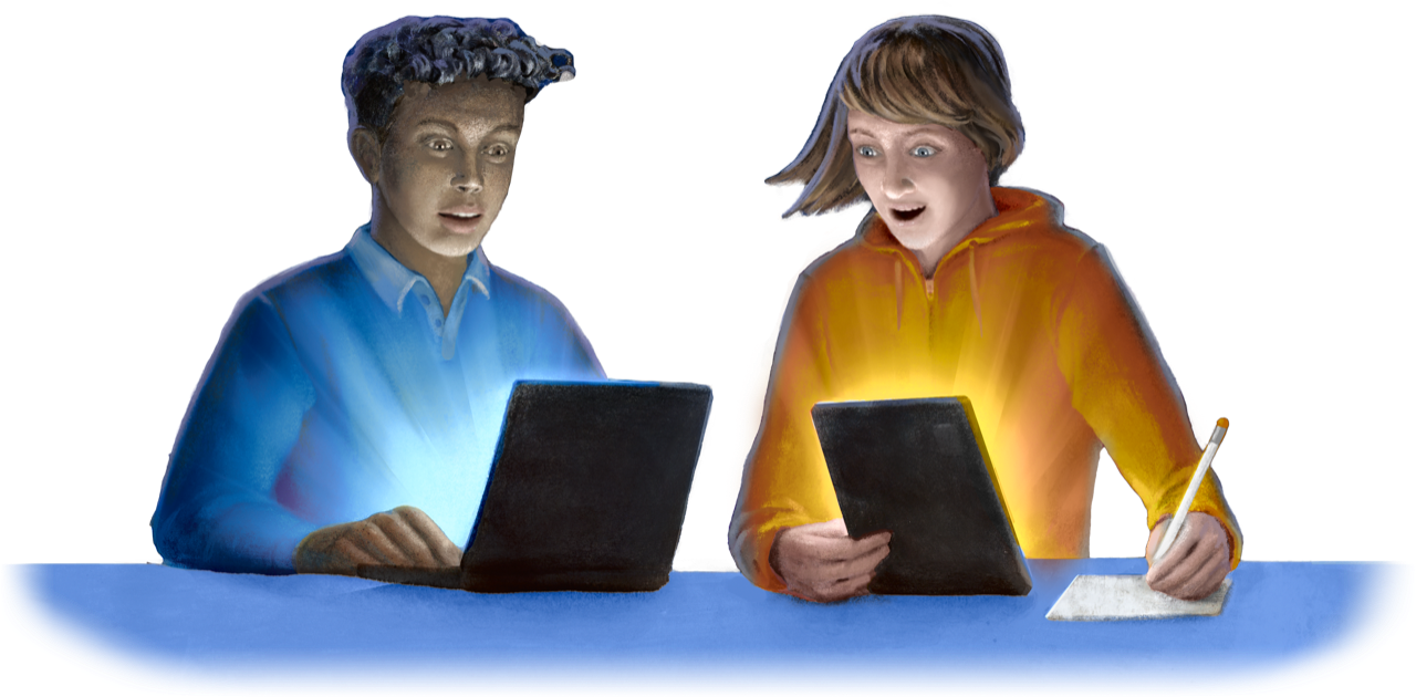 2 élèves qui écrivent sur un portable et une tabette
