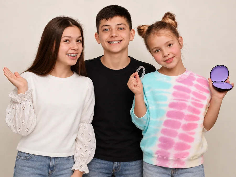 Trei copii: doi cu brackets și o fetiță cu gutiera OLA Kids