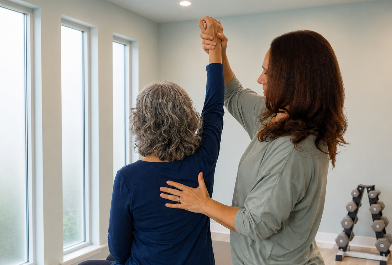 A Doctor of Physical Therapy guides a patient through a shoulder movement in the Covenant clinic