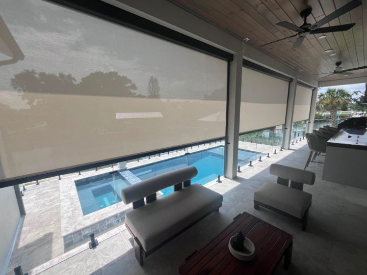 Lanai screens, poolside view with Exterior Shades