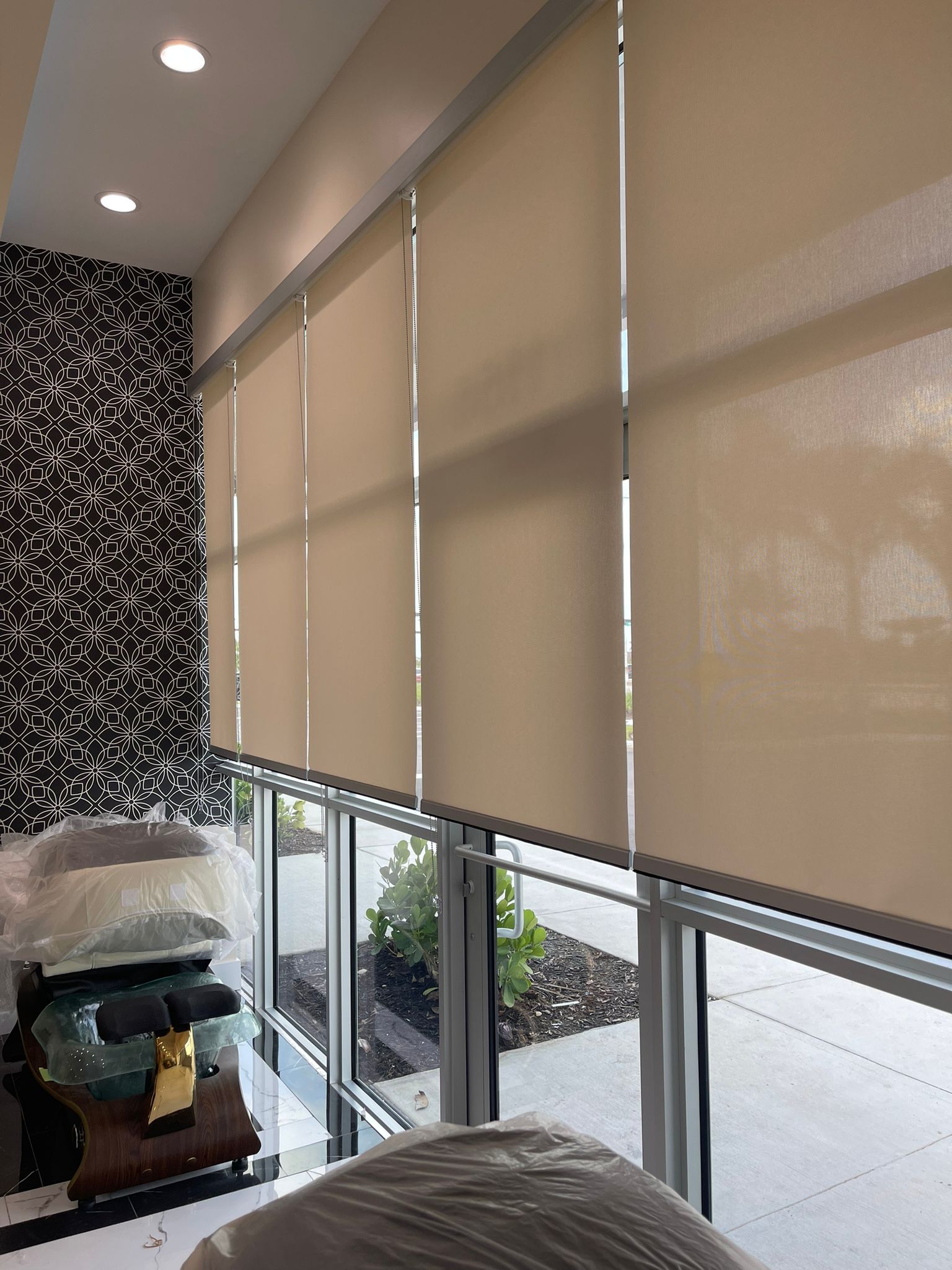 Tall solar shades in the same great room, seen from another angle