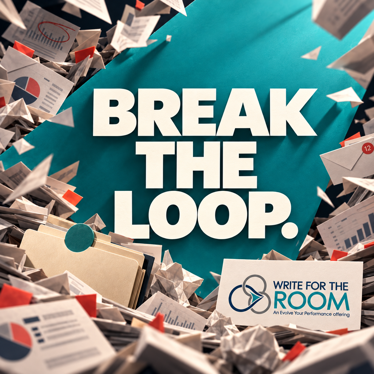 A folder buried in a storm of revised documents, follow-up notes and paper planes, with the words Break the Loop across it and the Write for the ROOM logo.