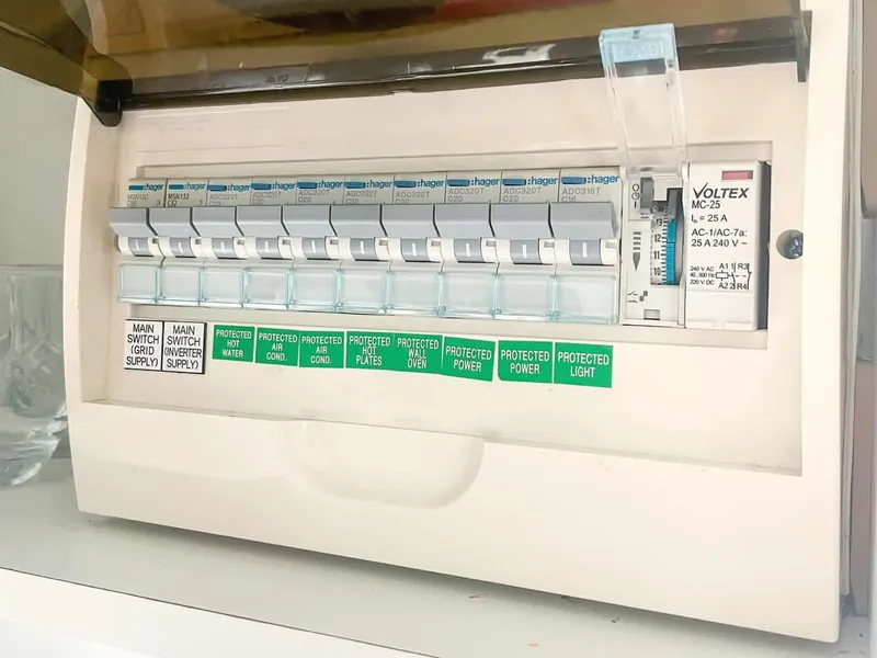 Switchboard by Dunamis Power with each circuit breaker labelled