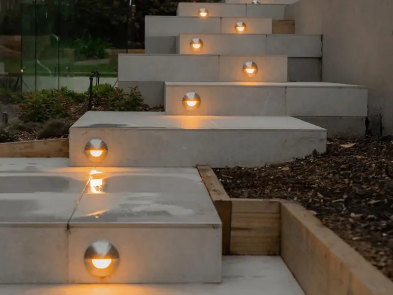 Garden step lights installed by Dunamis Power on concrete steps