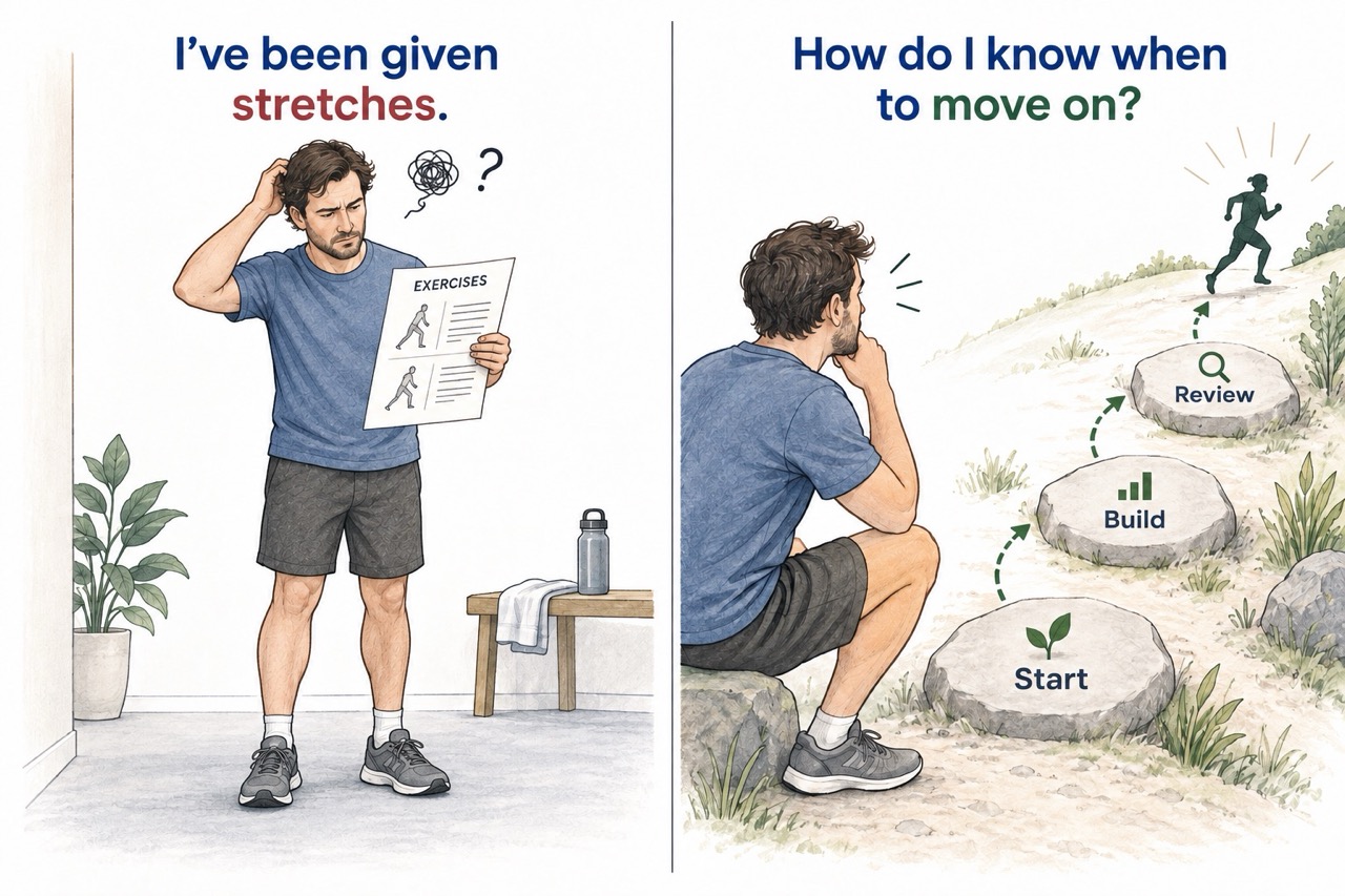 A man has a stretching handout but needs to understand how to progress towards running.