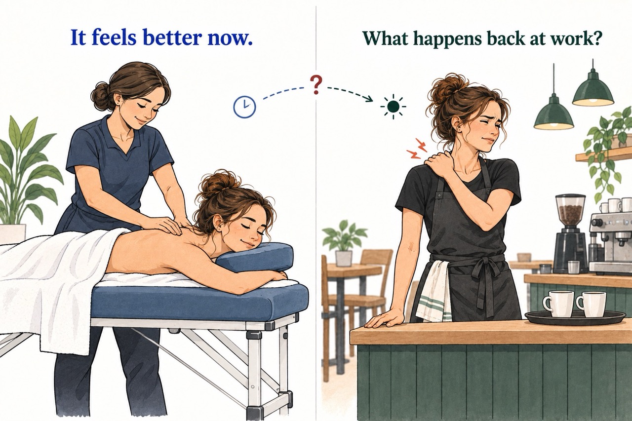 A woman feels relief during a massage but her shoulder hurts again during a café shift.