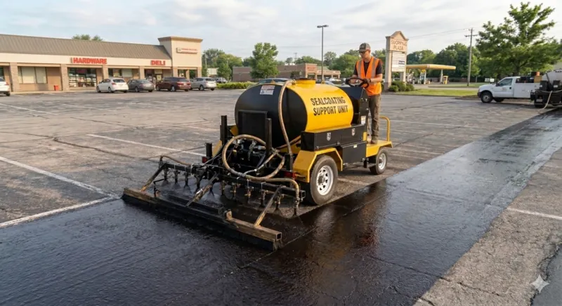 Coal tar sealcoating application on commercial parking lot Northern Virginia