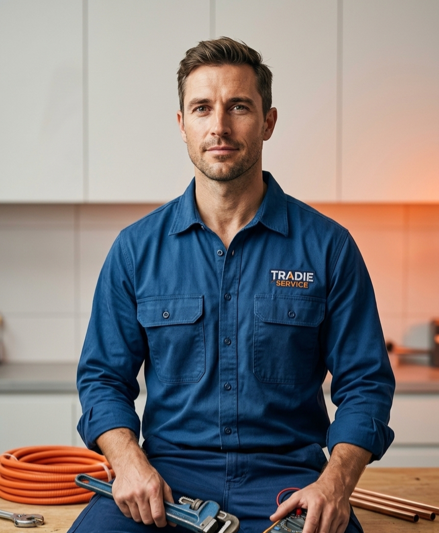 A tradesperson in a blue work shirt on a job, holding a wrench