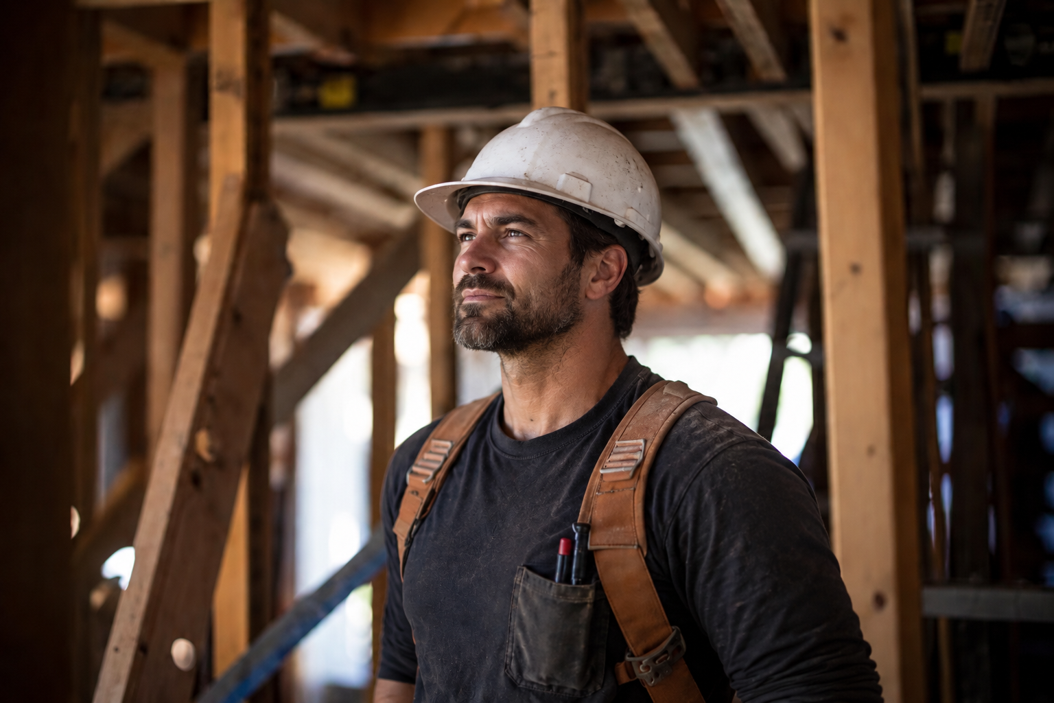 A builder on a residential site, reviewing plans against a framed wall