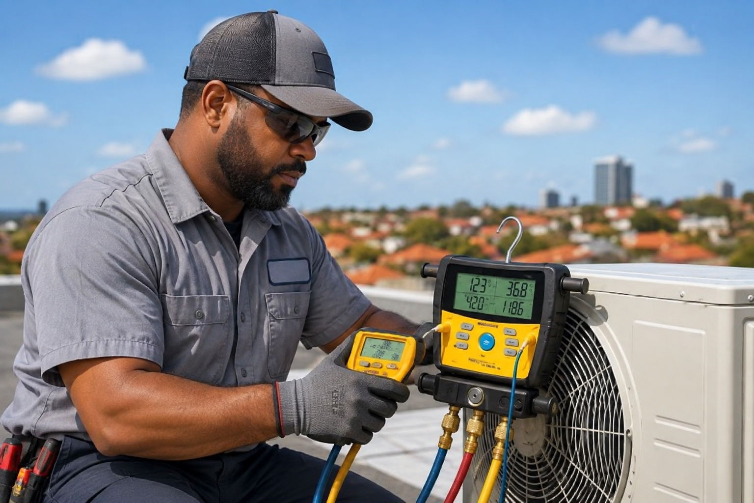 An HVAC technician on a rooftop unit mid-repair, clear summer sky