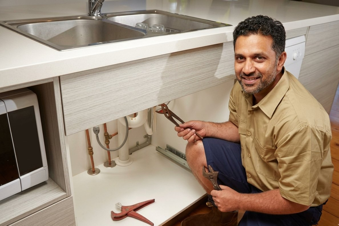 A plumber kneeling under a sink mid-job, tools laid out, phone untouched on the floor beside them
