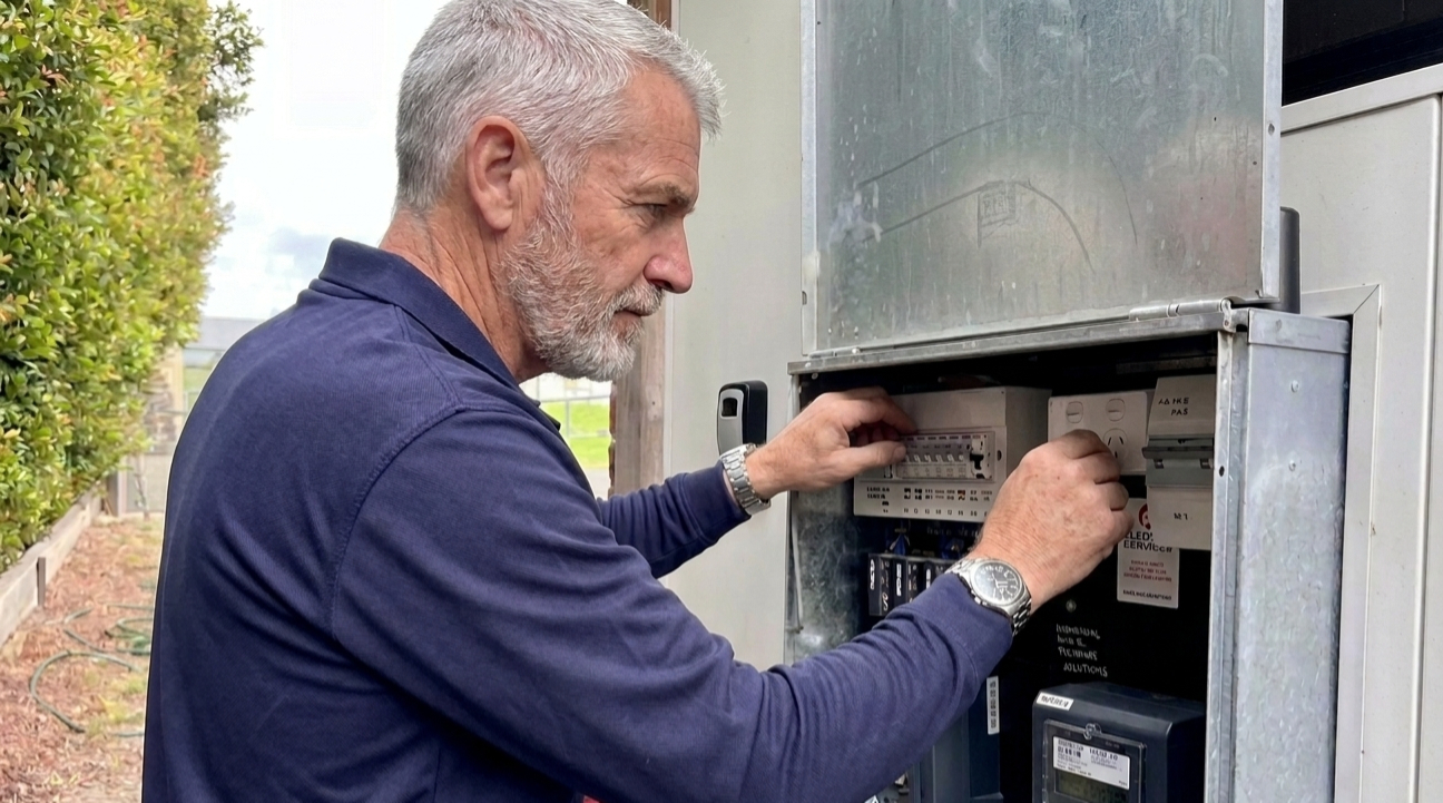 An electrician working at an open switchboard, safety gloves on, focused