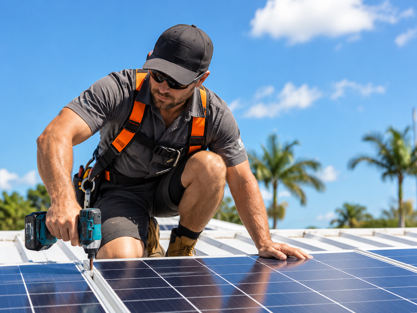 A solar installer on a residential rooftop, panels partly installed, clear blue sky