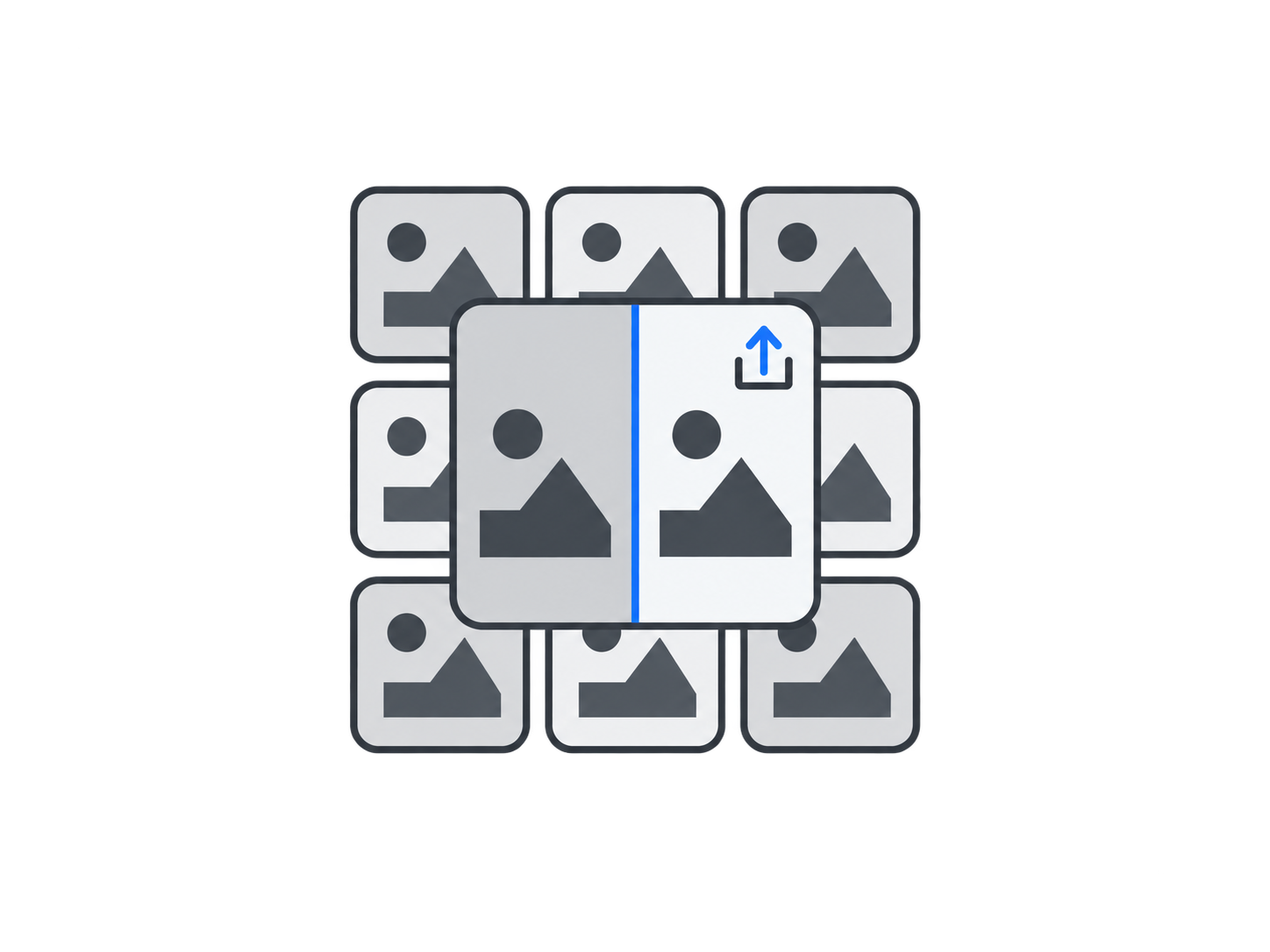 A phone photo gallery with one tile expanding into a finished social post being sent to several channels
