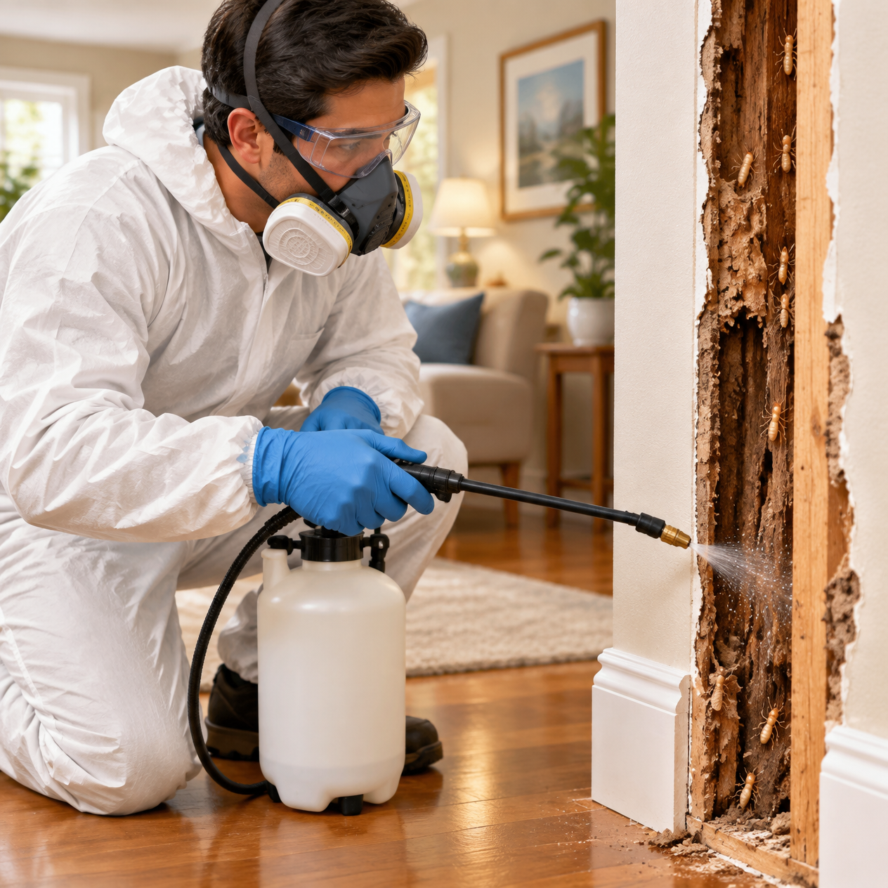 A pest control technician in a protective suit and respirator spraying a termite-damaged wall inside a home
