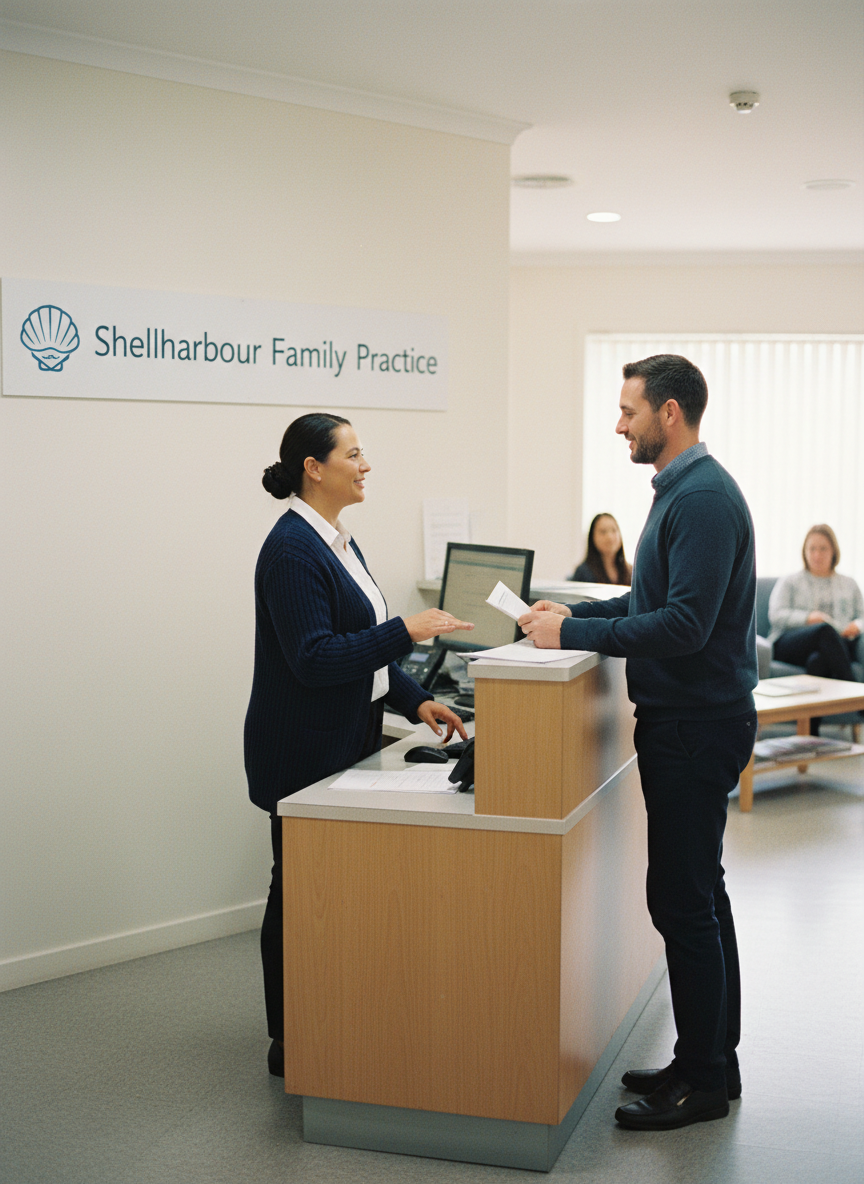 A receptionist helping a patient at the counter while the phones are covered