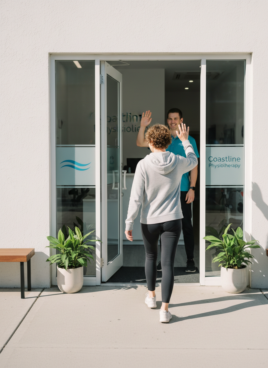 A patient waving goodbye as she leaves a physio practice after her visit