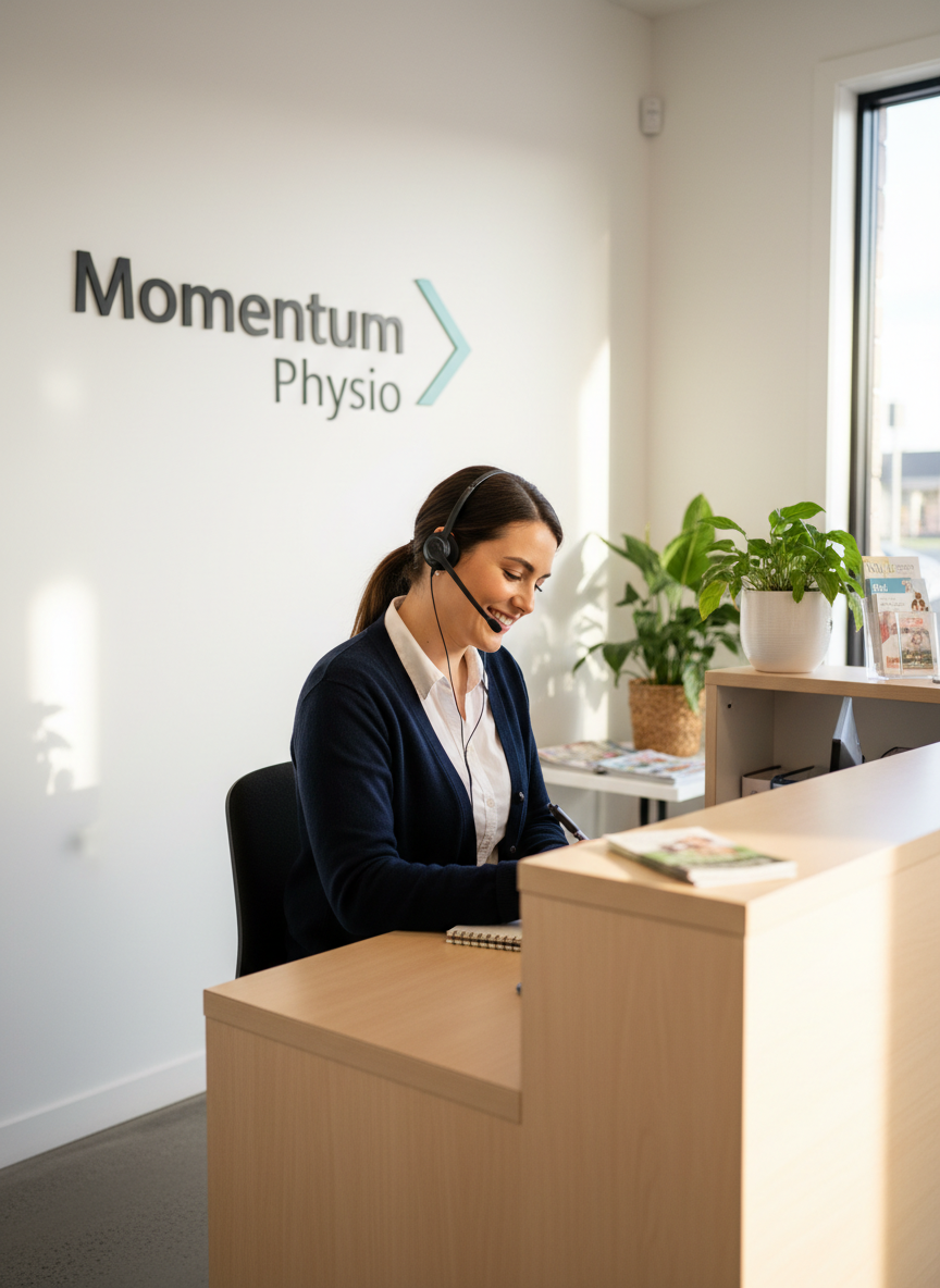 A receptionist with a headset writing a note at the front desk