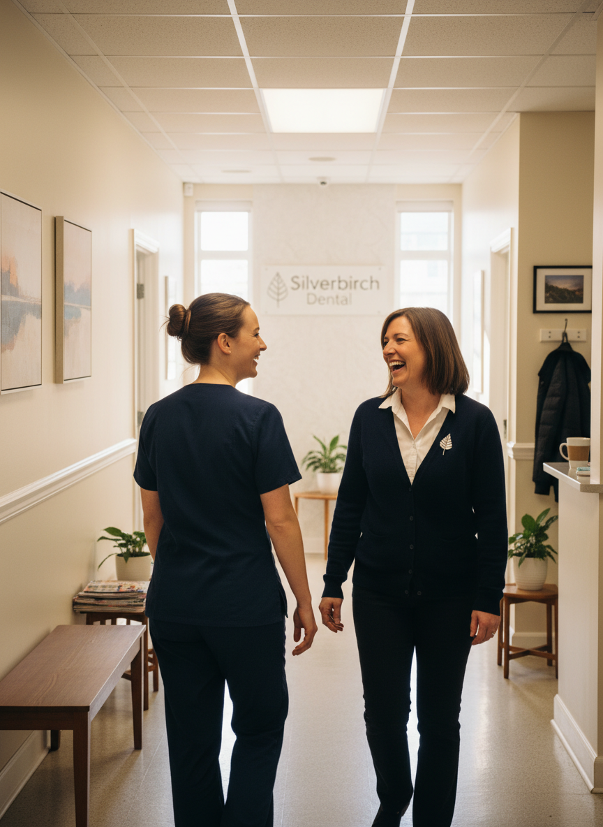 A dentist and a receptionist walking down a bright practice corridor
