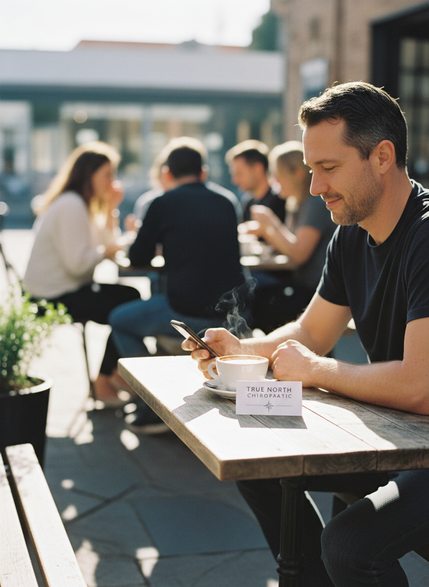 A man at a cafe table checking an appointment reminder on his phone