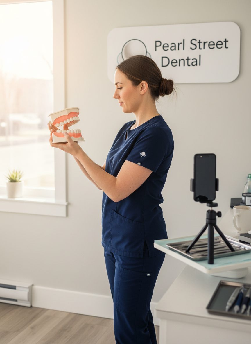 A dental team member filming a short practice video on a phone tripod