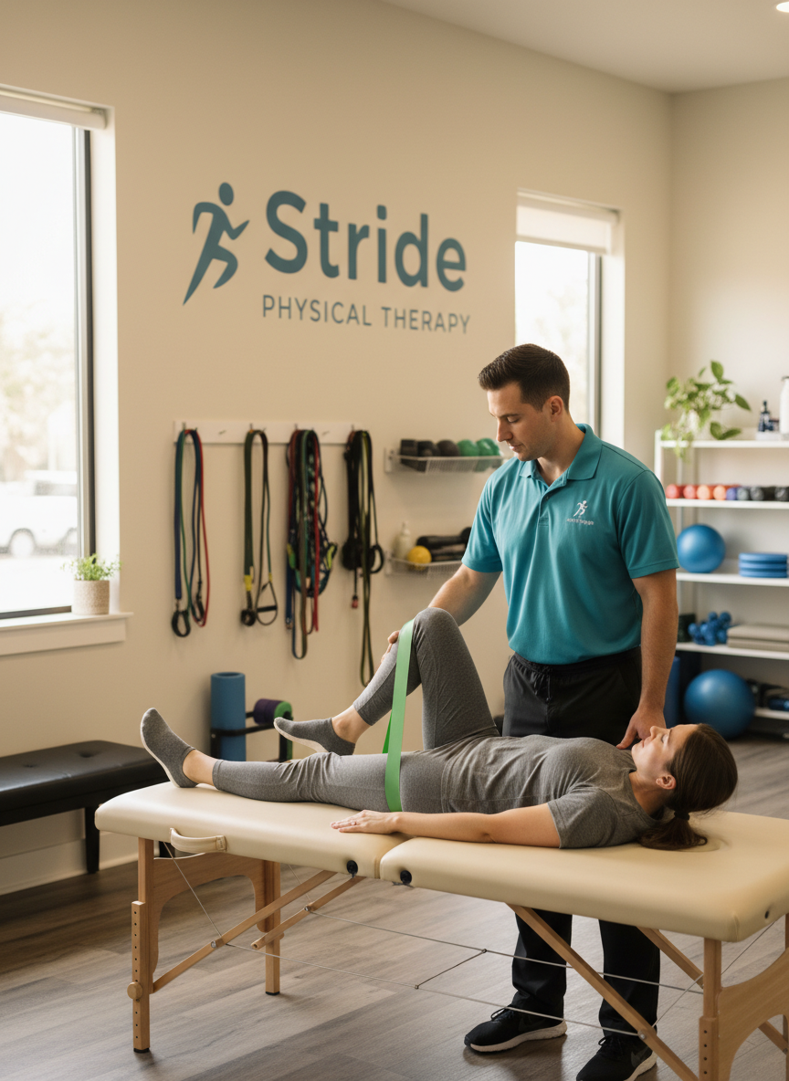 A physiotherapist guiding a patient through a knee exercise in a bright rehab gym